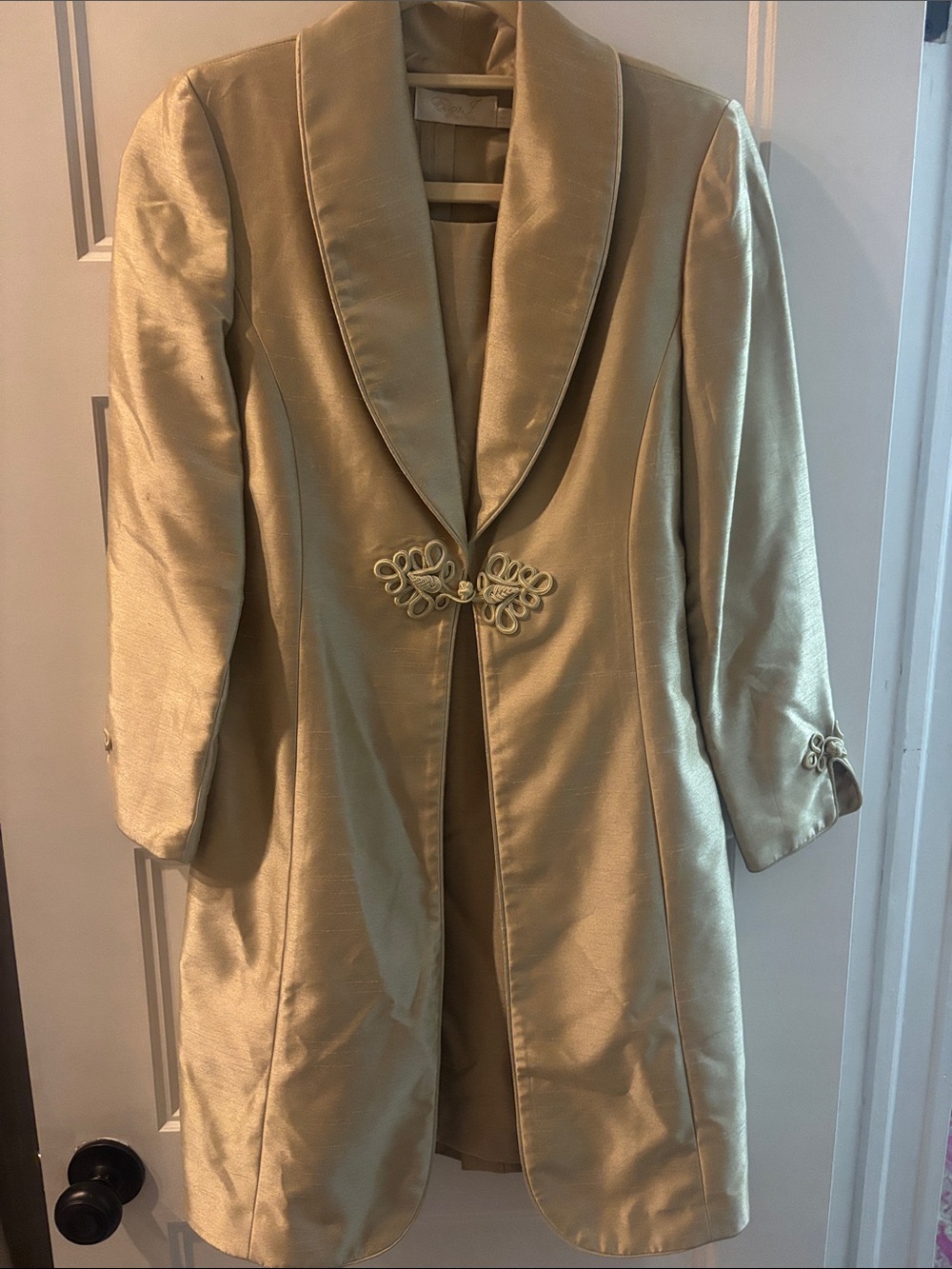 Eliza J Champagne Satin Long Blazer with Decorative Frog Closures